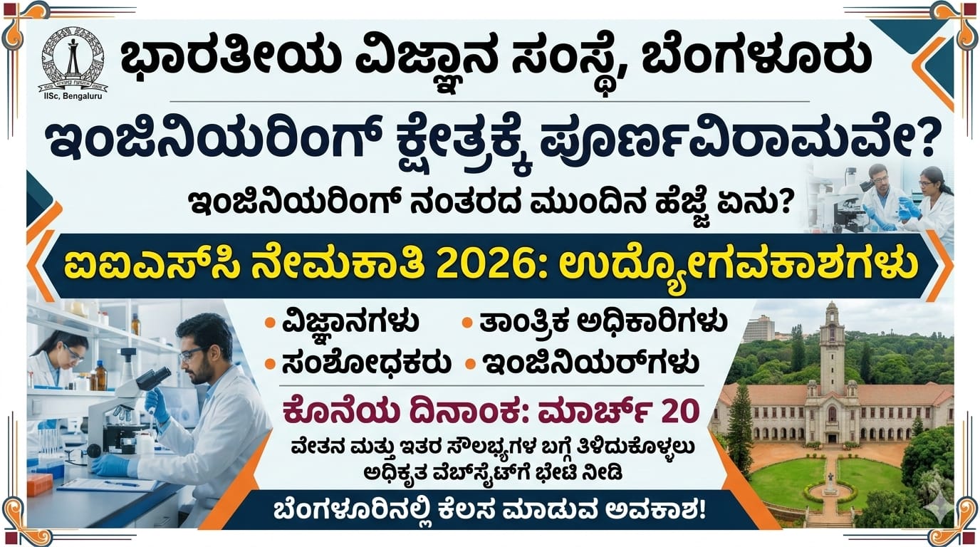 IISc Recruitment 2026: Engineering Complete ಆಗಿದ್ಯಾ? Bengaluru IISc ನಲ್ಲಿ Job – March 20 Last Date!